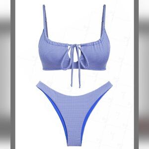 Seamolly Blue Mini Gingham Drawstring Tied Brazilian Bottom Bikini Set - Size M